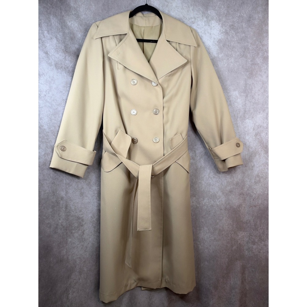 Vintage 70s Sears Trench Coat Women Size S Beige Double Breasted Belted Longline